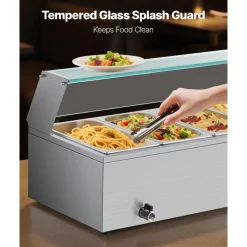 VEVOR Commercial Food Warmer, 1500W Electric Stainless Steel Steam Food Warmer with Glass Cover, 6 x 1/3 Size Pans Buffet Bain Marie with Soup & Perforated Ladles, for Catering, Restaurant & Party