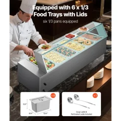VEVOR Commercial Food Warmer, 1500W Electric Stainless Steel Steam Food Warmer with Glass Cover, 6 x 1/3 Size Pans Buffet Bain Marie with Soup & Perforated Ladles, for Catering, Restaurant & Party