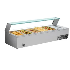 VEVOR Commercial Food Warmer, 1500W Electric Stainless Steel Steam Food Warmer with Glass Cover, 6 x 1/3 Size Pans Buffet Bain Marie with Soup & Perforated Ladles, for Catering, Restaurant & Party