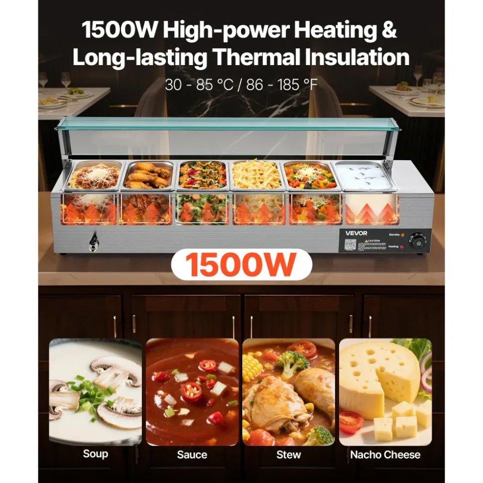 VEVOR Commercial Food Warmer, 1500W Electric Stainless Steel Steam Food Warmer with Glass Cover, 6 x 1/3 Size Pans Buffet Bain Marie with Soup & Perforated Ladles, for Catering, Restaurant & Party