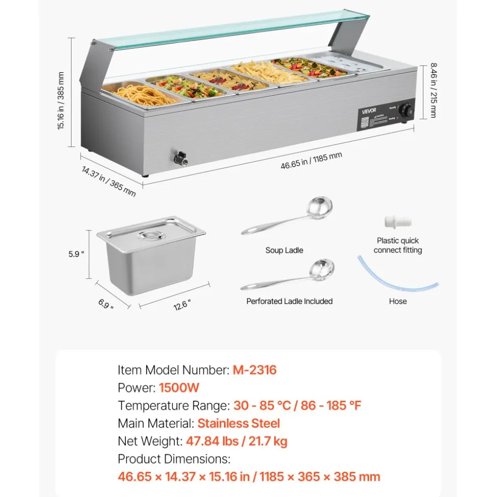 VEVOR Commercial Food Warmer, 1500W Electric Stainless Steel Steam Food Warmer with Glass Cover, 6 x 1/3 Size Pans Buffet Bain Marie with Soup & Perforated Ladles, for Catering, Restaurant & Party
