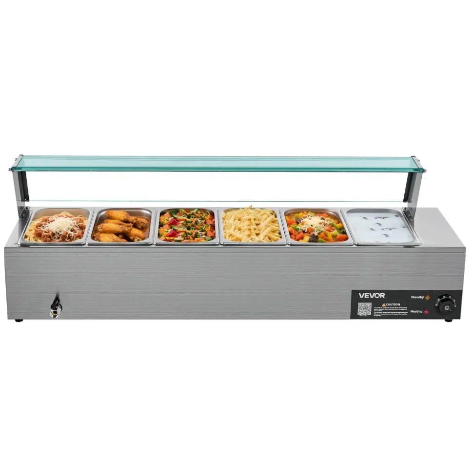 VEVOR Commercial Food Warmer, 1500W Electric Stainless Steel Steam Food Warmer with Glass Cover, 6 x 1/3 Size Pans Buffet Bain Marie with Soup & Perforated Ladles, for Catering, Restaurant & Party