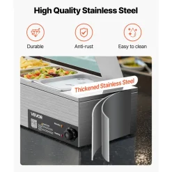 VEVOR Commercial Food Warmer, 1500W Electric Stainless Steel Steam Food Warmer with Glass Cover, 6 x 1/3 Size Pans Buffet Bain Marie with Soup & Perforated Ladles, for Catering, Restaurant & Party