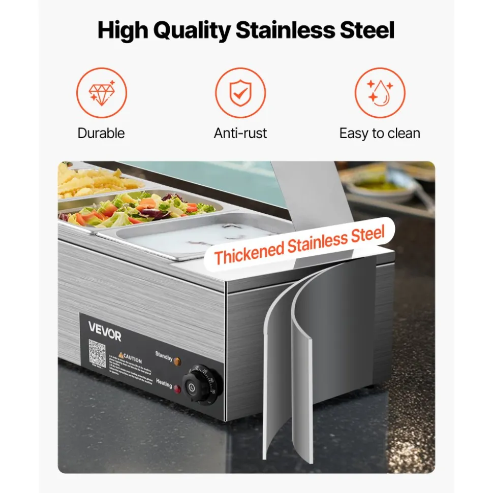VEVOR Commercial Food Warmer, 1500W Electric Stainless Steel Steam Food Warmer with Glass Cover, 6 x 1/3 Size Pans Buffet Bain Marie with Soup & Perforated Ladles, for Catering, Restaurant & Party