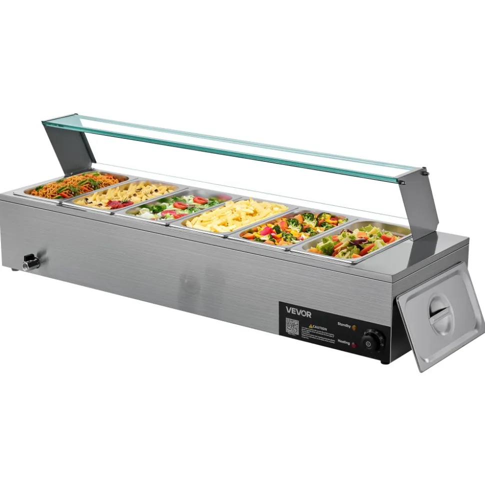 VEVOR Commercial Food Warmer, 1500W Electric Stainless Steel Steam Food Warmer with Glass Cover, 6 x 1/3 Size Pans Buffet Bain Marie with Soup & Perforated Ladles, for Catering, Restaurant & Party