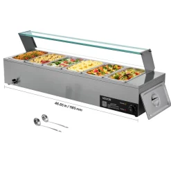 VEVOR Commercial Food Warmer, 1500W Electric Stainless Steel Steam Food Warmer with Glass Cover, 6 x 1/3 Size Pans Buffet Bain Marie with Soup & Perforated Ladles, for Catering, Restaurant & Party