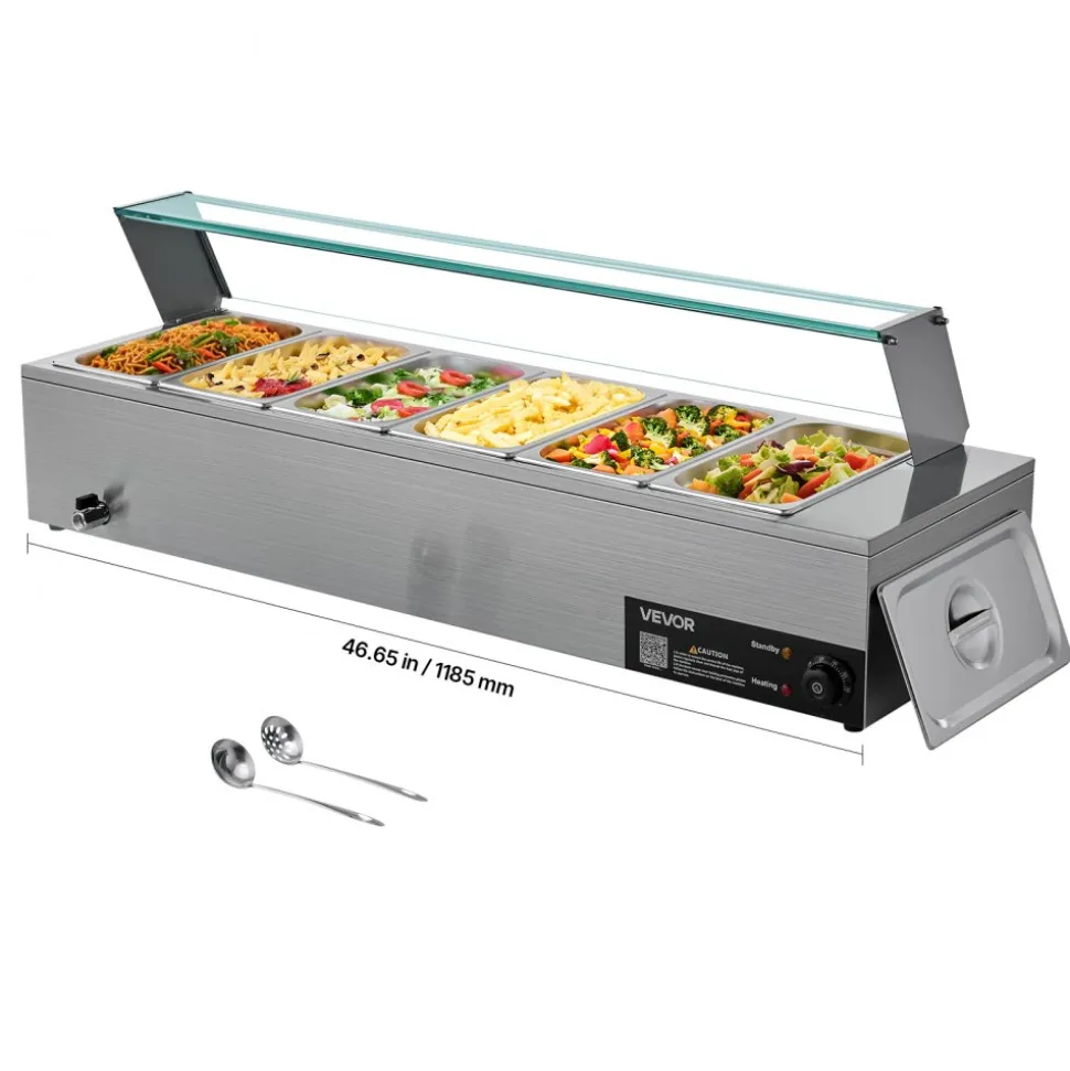 VEVOR Commercial Food Warmer, 1500W Electric Stainless Steel Steam Food Warmer with Glass Cover, 6 x 1/3 Size Pans Buffet Bain Marie with Soup & Perforated Ladles, for Catering, Restaurant & Party