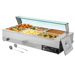 VEVOR Commercial Food Warmer, 1500W Electric Stainless Steel Steam Food Warmer with Glass Cover, 6 x 1/2 Size Pans Buffet Bain Marie with Soup & Perforated Ladles, for Catering, Restaurant & Party