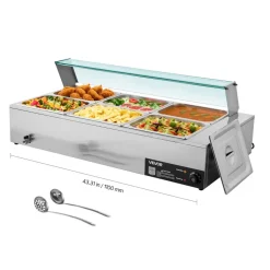 VEVOR Commercial Food Warmer, 1500W Electric Stainless Steel Steam Food Warmer with Glass Cover, 6 x 1/2 Size Pans Buffet Bain Marie with Soup & Perforated Ladles, for Catering, Restaurant & Party