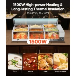 VEVOR Commercial Food Warmer, 1500W Electric Stainless Steel Steam Food Warmer with Glass Cover, 6 x 1/2 Size Pans Buffet Bain Marie with Soup & Perforated Ladles, for Catering, Restaurant & Party