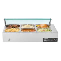 VEVOR Commercial Food Warmer, 1500W Electric Stainless Steel Steam Food Warmer with Glass Cover, 6 x 1/2 Size Pans Buffet Bain Marie with Soup & Perforated Ladles, for Catering, Restaurant & Party