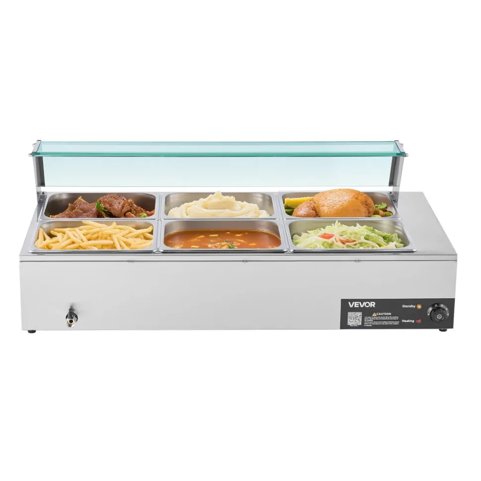 VEVOR Commercial Food Warmer, 1500W Electric Stainless Steel Steam Food Warmer with Glass Cover, 6 x 1/2 Size Pans Buffet Bain Marie with Soup & Perforated Ladles, for Catering, Restaurant & Party
