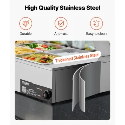 VEVOR Commercial Food Warmer, 1500W Electric Stainless Steel Steam Food Warmer with Glass Cover, 6 x 1/2 Size Pans Buffet Bain Marie with Soup & Perforated Ladles, for Catering, Restaurant & Party