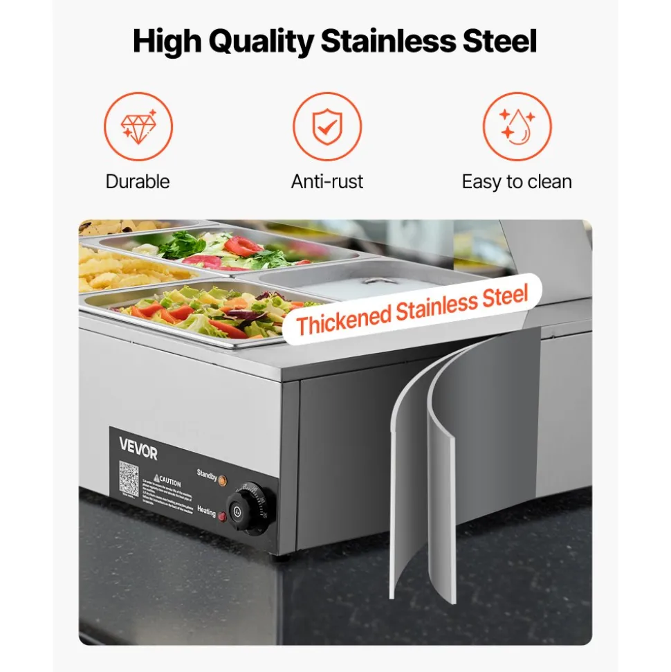 VEVOR Commercial Food Warmer, 1500W Electric Stainless Steel Steam Food Warmer with Glass Cover, 6 x 1/2 Size Pans Buffet Bain Marie with Soup & Perforated Ladles, for Catering, Restaurant & Party