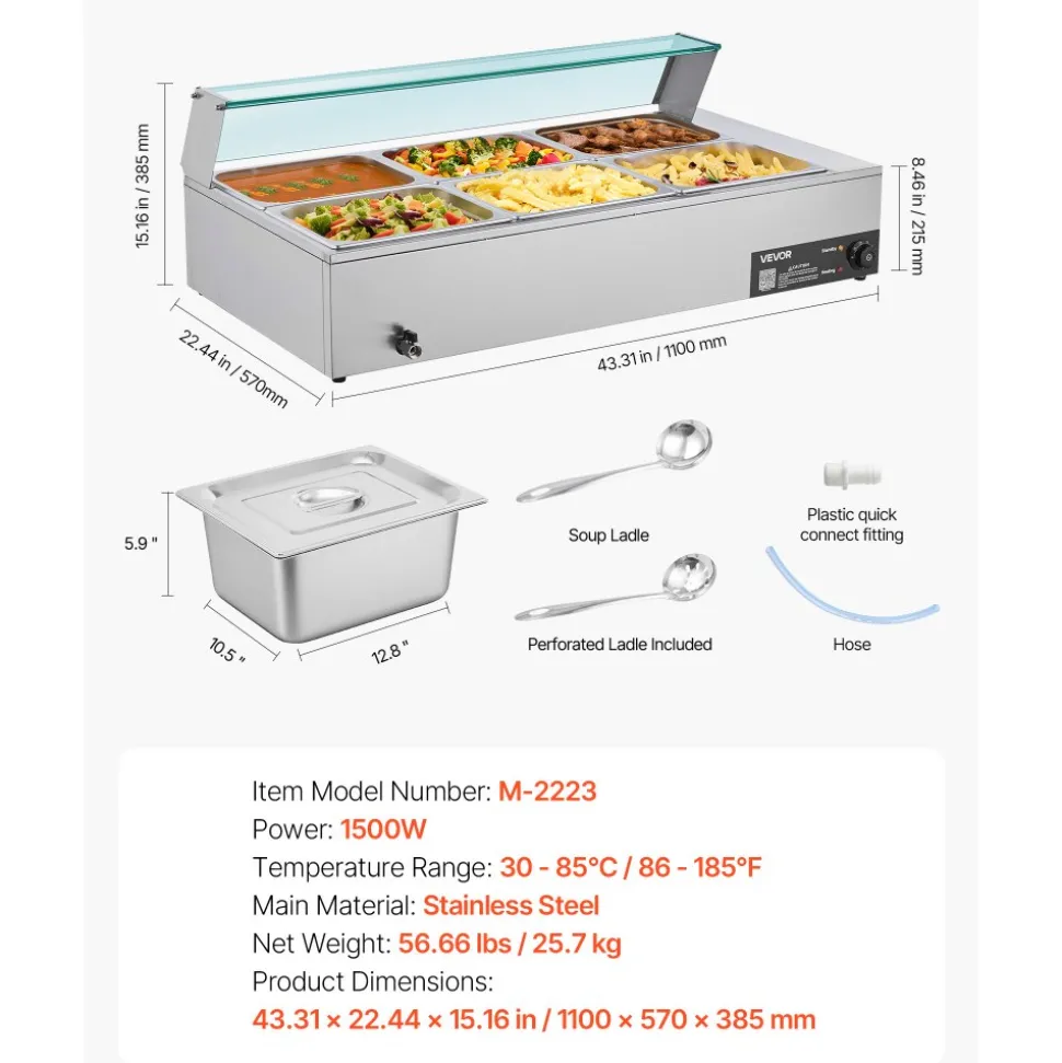 VEVOR Commercial Food Warmer, 1500W Electric Stainless Steel Steam Food Warmer with Glass Cover, 6 x 1/2 Size Pans Buffet Bain Marie with Soup & Perforated Ladles, for Catering, Restaurant & Party