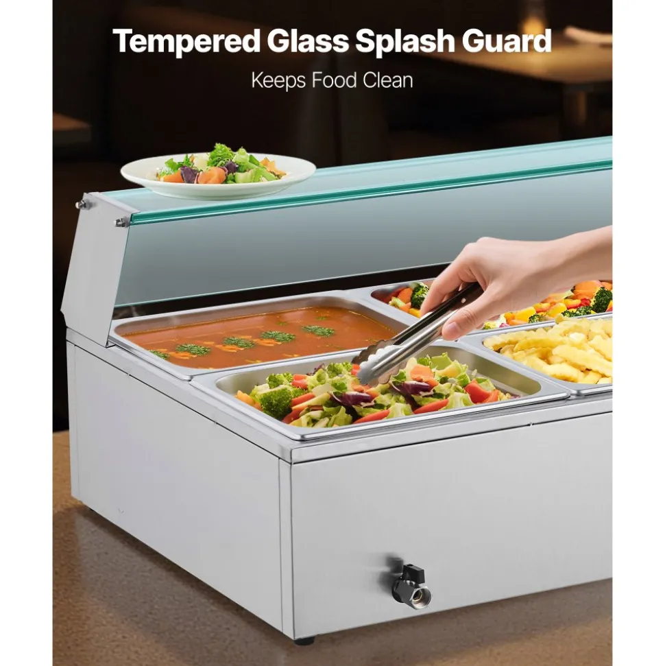 VEVOR Commercial Food Warmer, 1500W Electric Stainless Steel Steam Food Warmer with Glass Cover, 6 x 1/2 Size Pans Buffet Bain Marie with Soup & Perforated Ladles, for Catering, Restaurant & Party