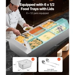 VEVOR Commercial Food Warmer, 1500W Electric Stainless Steel Steam Food Warmer with Glass Cover, 6 x 1/2 Size Pans Buffet Bain Marie with Soup & Perforated Ladles, for Catering, Restaurant & Party