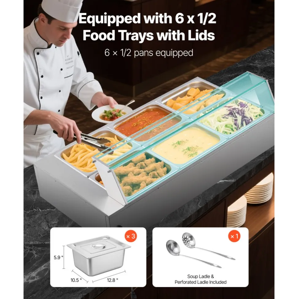 VEVOR Commercial Food Warmer, 1500W Electric Stainless Steel Steam Food Warmer with Glass Cover, 6 x 1/2 Size Pans Buffet Bain Marie with Soup & Perforated Ladles, for Catering, Restaurant & Party