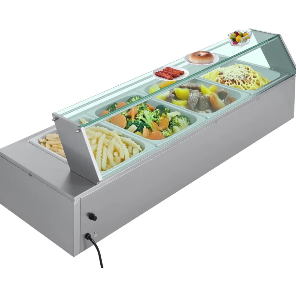 VEVOR Commercial Food Warmer, 5 Pans + 2 Pots Electric Steam Table, 1800W Professional Buffet Catering Food Warmer with Shield Undershelf Wheels, Stainless Steel Server for Party Restaurant Hotel