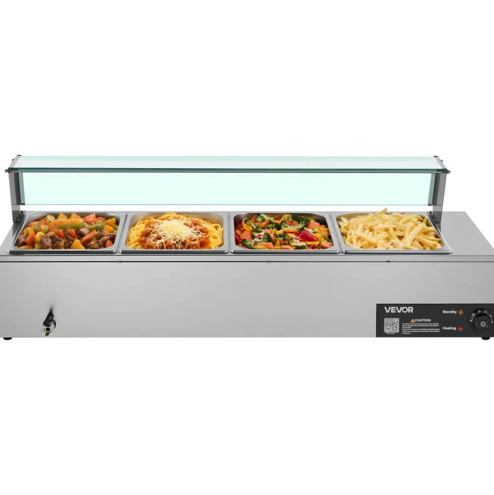 VEVOR Commercial Food Warmer, 5 Pans + 2 Pots Electric Steam Table, 1800W Professional Buffet Catering Food Warmer with Shield Undershelf Wheels, Stainless Steel Server for Party Restaurant Hotel
