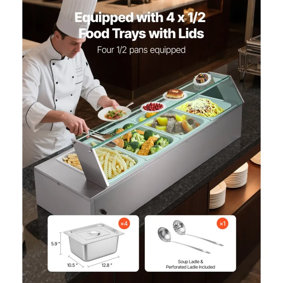 VEVOR Commercial Food Warmer, 5 Pans + 2 Pots Electric Steam Table, 1800W Professional Buffet Catering Food Warmer with Shield Undershelf Wheels, Stainless Steel Server for Party Restaurant Hotel