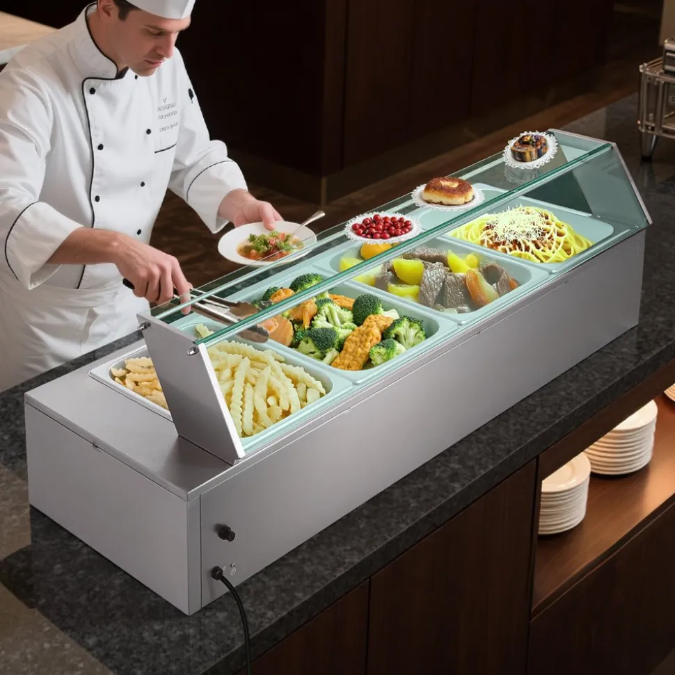 VEVOR Commercial Food Warmer, 5 Pans + 2 Pots Electric Steam Table, 1800W Professional Buffet Catering Food Warmer with Shield Undershelf Wheels, Stainless Steel Server for Party Restaurant Hotel