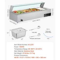 VEVOR Commercial Food Warmer, 5 Pans + 2 Pots Electric Steam Table, 1800W Professional Buffet Catering Food Warmer with Shield Undershelf Wheels, Stainless Steel Server for Party Restaurant Hotel