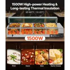 VEVOR Commercial Food Warmer, 5 Pans + 2 Pots Electric Steam Table, 1800W Professional Buffet Catering Food Warmer with Shield Undershelf Wheels, Stainless Steel Server for Party Restaurant Hotel