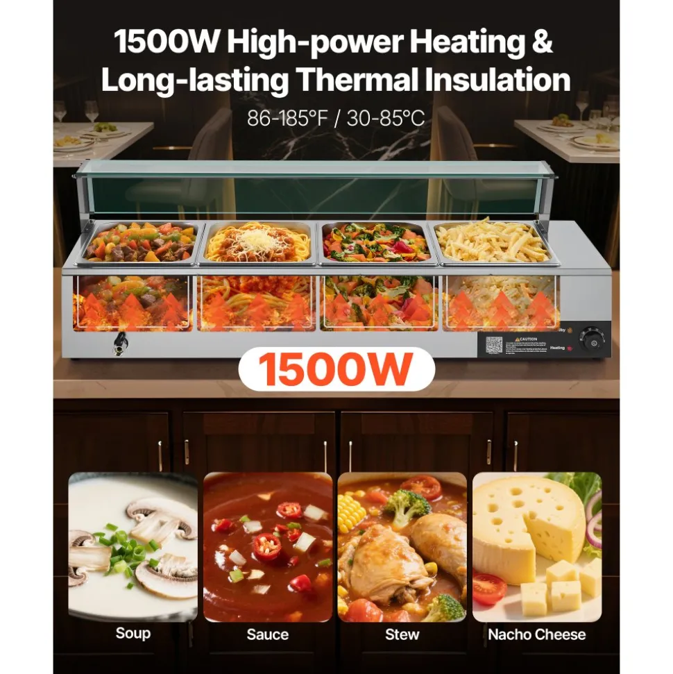 VEVOR Commercial Food Warmer, 5 Pans + 2 Pots Electric Steam Table, 1800W Professional Buffet Catering Food Warmer with Shield Undershelf Wheels, Stainless Steel Server for Party Restaurant Hotel