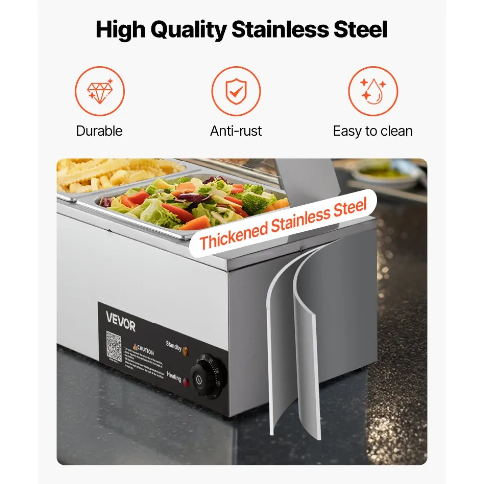VEVOR Commercial Food Warmer, 5 Pans + 2 Pots Electric Steam Table, 1800W Professional Buffet Catering Food Warmer with Shield Undershelf Wheels, Stainless Steel Server for Party Restaurant Hotel