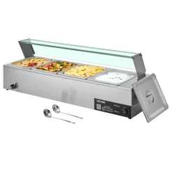 VEVOR Commercial Food Warmer, 5 Pans + 2 Pots Electric Steam Table, 1800W Professional Buffet Catering Food Warmer with Shield Undershelf Wheels, Stainless Steel Server for Party Restaurant Hotel