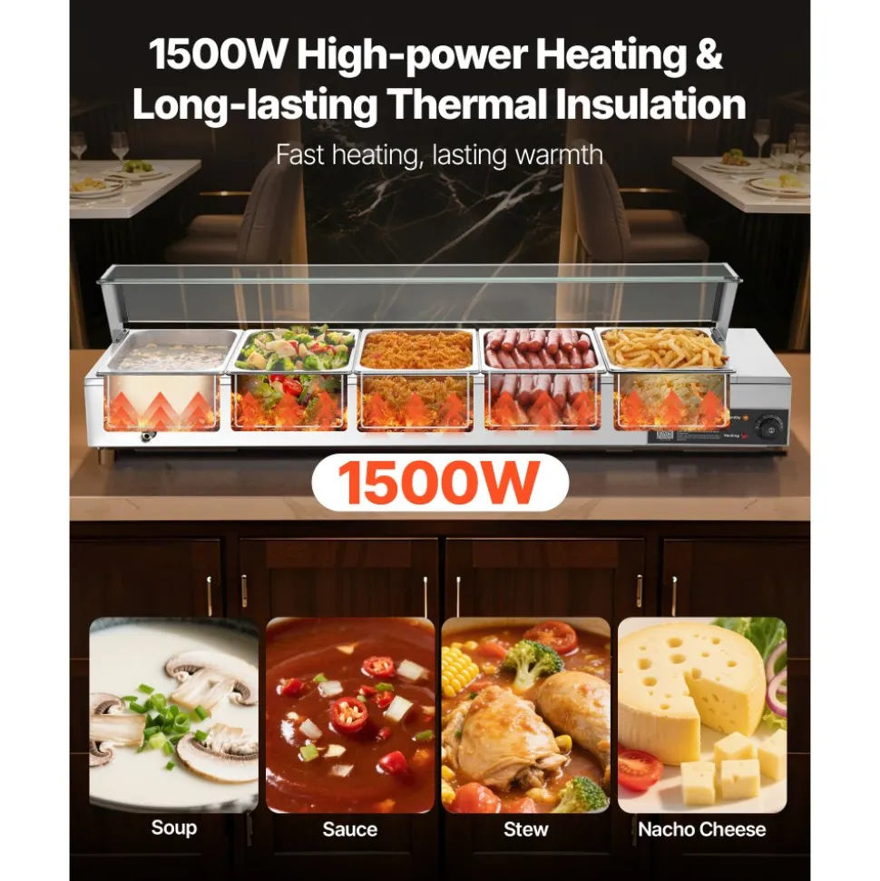 VEVOR Commercial Food Warmer, 1500W Electric Stainless Steel Steam Food Warmer with Glass Cover, Countertop Buffet Bain Marie with Five 1/2 Size Food Pans, for Catering, Restaurant, Party & Buffets