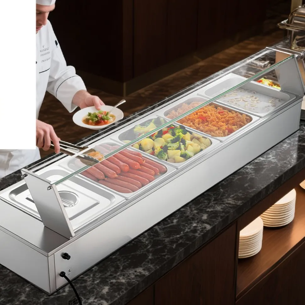 VEVOR Commercial Food Warmer, 1500W Electric Stainless Steel Steam Food Warmer with Glass Cover, Countertop Buffet Bain Marie with Five 1/2 Size Food Pans, for Catering, Restaurant, Party & Buffets