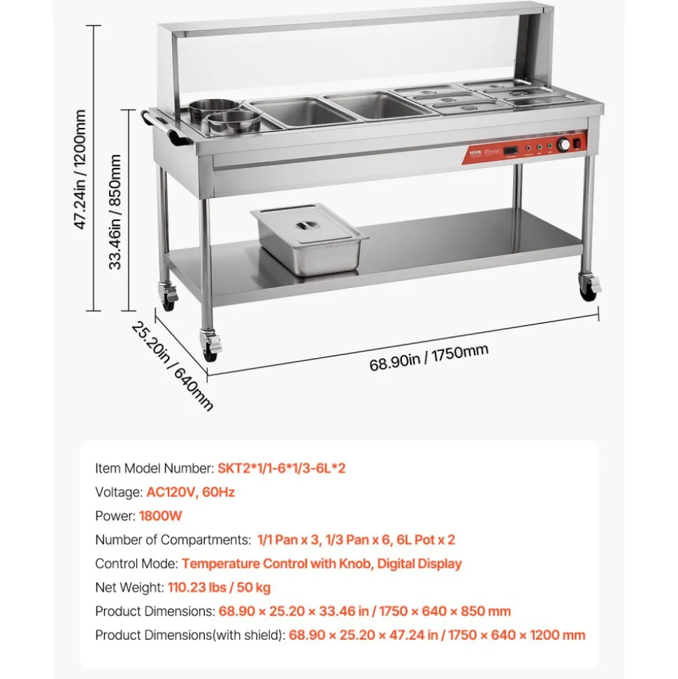 VEVOR Commercial Food Warmer, 8 Pans + 2 Pots Electric Steam Table, 1800W Professional Buffet Catering Food Warmer with Shield Undershelf Wheels, Stainless Steel Server for Party Restaurant