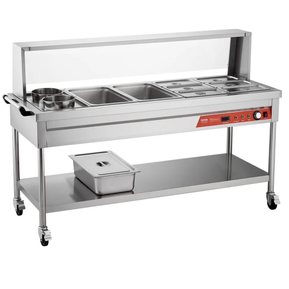 VEVOR Commercial Food Warmer, 8 Pans + 2 Pots Electric Steam Table, 1800W Professional Buffet Catering Food Warmer with Shield Undershelf Wheels, Stainless Steel Server for Party Restaurant