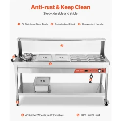 VEVOR Commercial Food Warmer, 8 Pans + 2 Pots Electric Steam Table, 1800W Professional Buffet Catering Food Warmer with Shield Undershelf Wheels, Stainless Steel Server for Party Restaurant