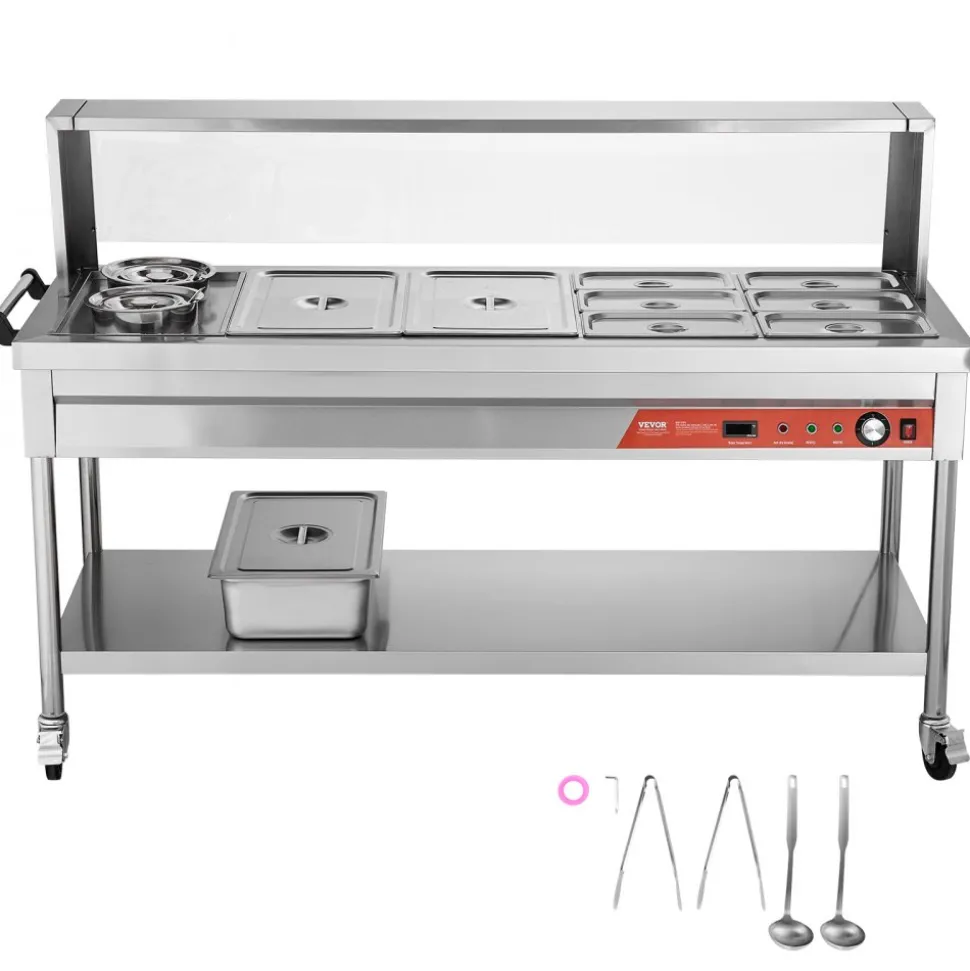 VEVOR Commercial Food Warmer, 8 Pans + 2 Pots Electric Steam Table, 1800W Professional Buffet Catering Food Warmer with Shield Undershelf Wheels, Stainless Steel Server for Party Restaurant