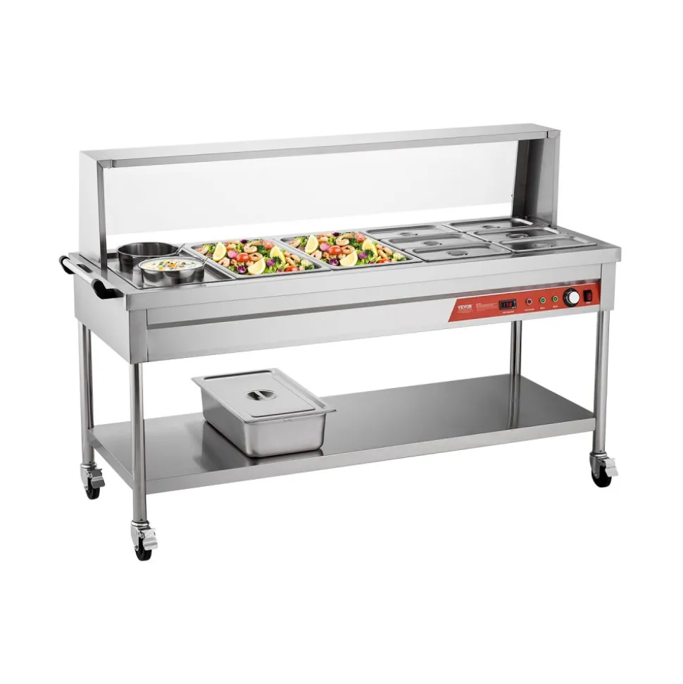 VEVOR Commercial Food Warmer, 8 Pans + 2 Pots Electric Steam Table, 1800W Professional Buffet Catering Food Warmer with Shield Undershelf Wheels, Stainless Steel Server for Party Restaurant