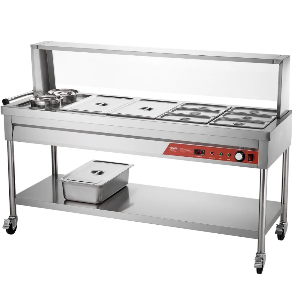VEVOR Commercial Food Warmer, 8 Pans + 2 Pots Electric Steam Table, 1800W Professional Buffet Catering Food Warmer with Shield Undershelf Wheels, Stainless Steel Server for Party Restaurant