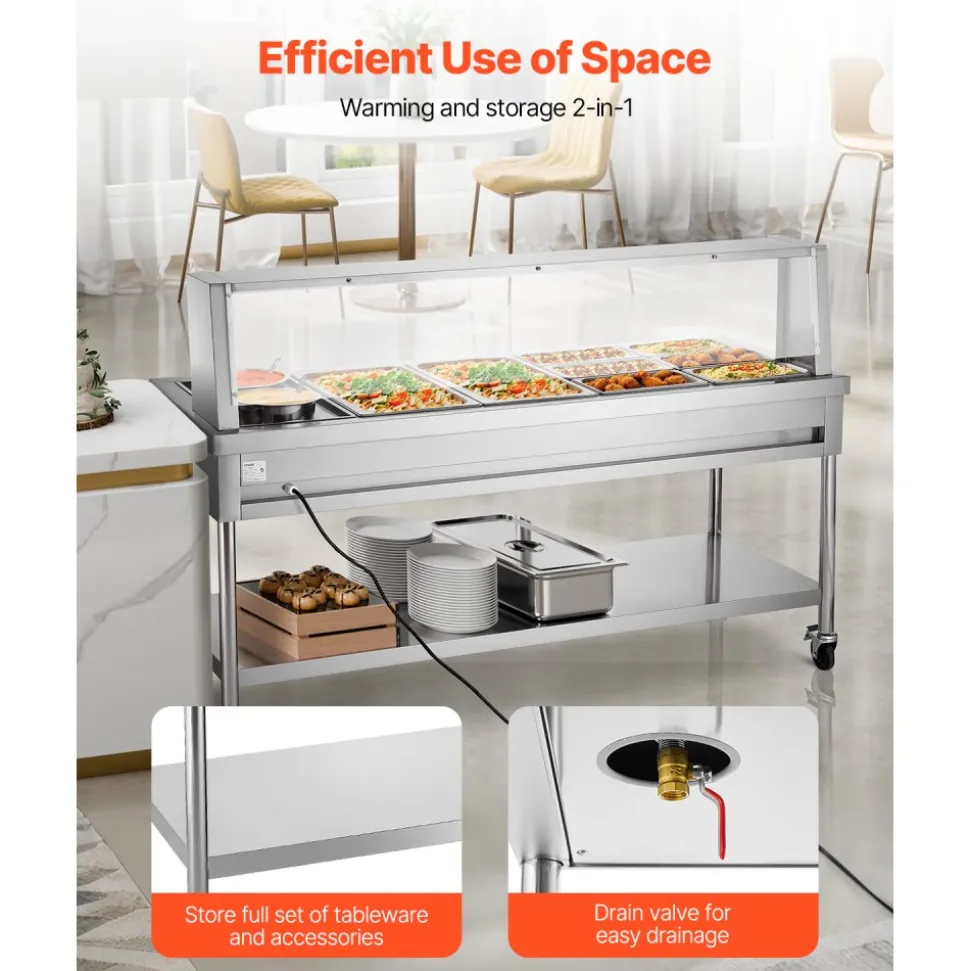 VEVOR Commercial Food Warmer, 8 Pans + 2 Pots Electric Steam Table, 1800W Professional Buffet Catering Food Warmer with Shield Undershelf Wheels, Stainless Steel Server for Party Restaurant