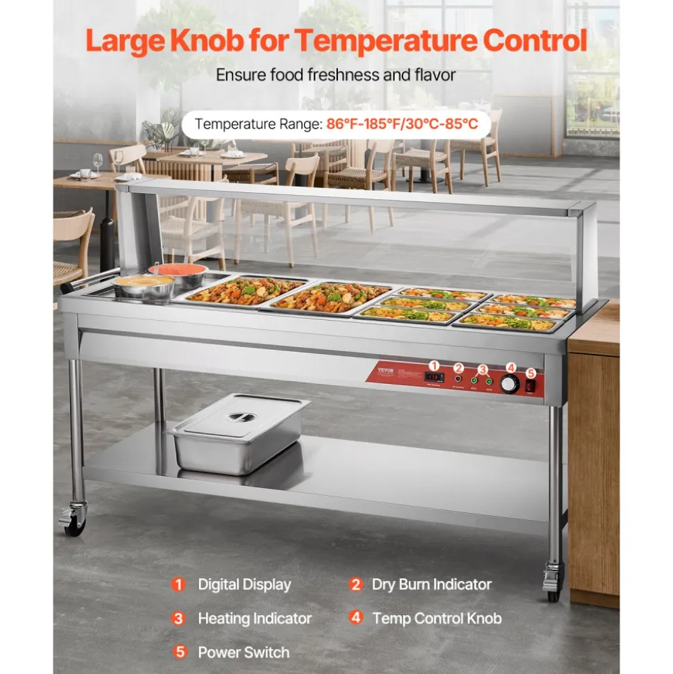 VEVOR Commercial Food Warmer, 8 Pans + 2 Pots Electric Steam Table, 1800W Professional Buffet Catering Food Warmer with Shield Undershelf Wheels, Stainless Steel Server for Party Restaurant