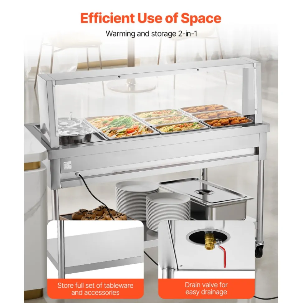 VEVOR Commercial Food Warmer, 7 Pans + 2 Pots Electric Steam Table, 1800W Professional Buffet Catering Food Warmer with Shield Undershelf Wheels, Stainless Steel Server for Party Restaurant Hotel