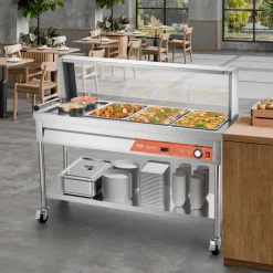 VEVOR Commercial Food Warmer, 7 Pans + 2 Pots Electric Steam Table, 1800W Professional Buffet Catering Food Warmer with Shield Undershelf Wheels, Stainless Steel Server for Party Restaurant Hotel