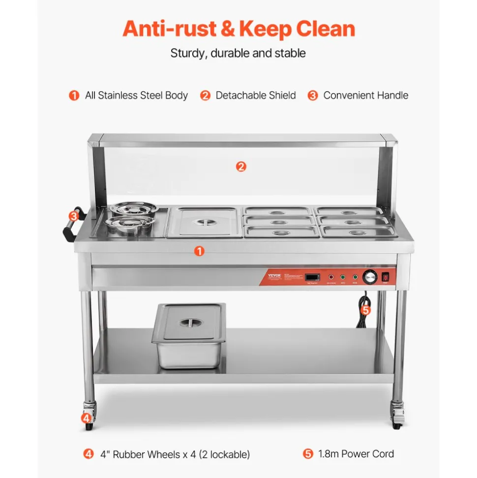 VEVOR Commercial Food Warmer, 7 Pans + 2 Pots Electric Steam Table, 1800W Professional Buffet Catering Food Warmer with Shield Undershelf Wheels, Stainless Steel Server for Party Restaurant Hotel