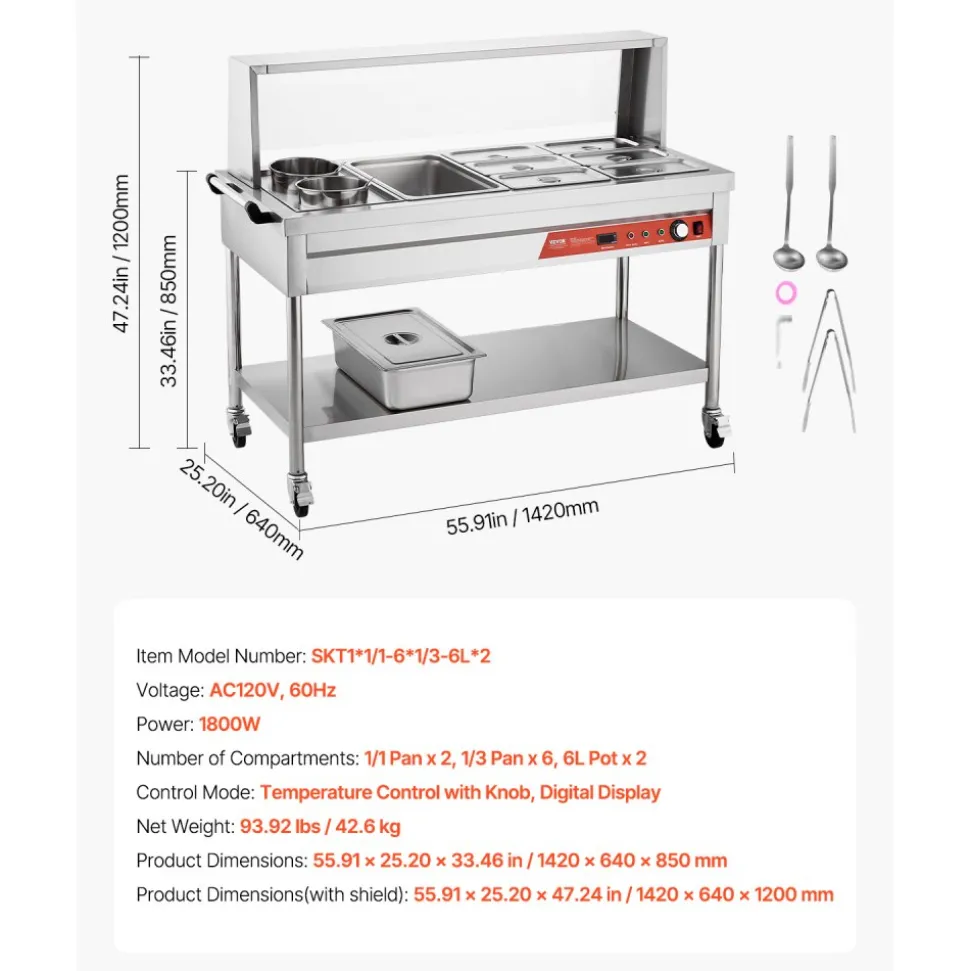 VEVOR Commercial Food Warmer, 7 Pans + 2 Pots Electric Steam Table, 1800W Professional Buffet Catering Food Warmer with Shield Undershelf Wheels, Stainless Steel Server for Party Restaurant Hotel