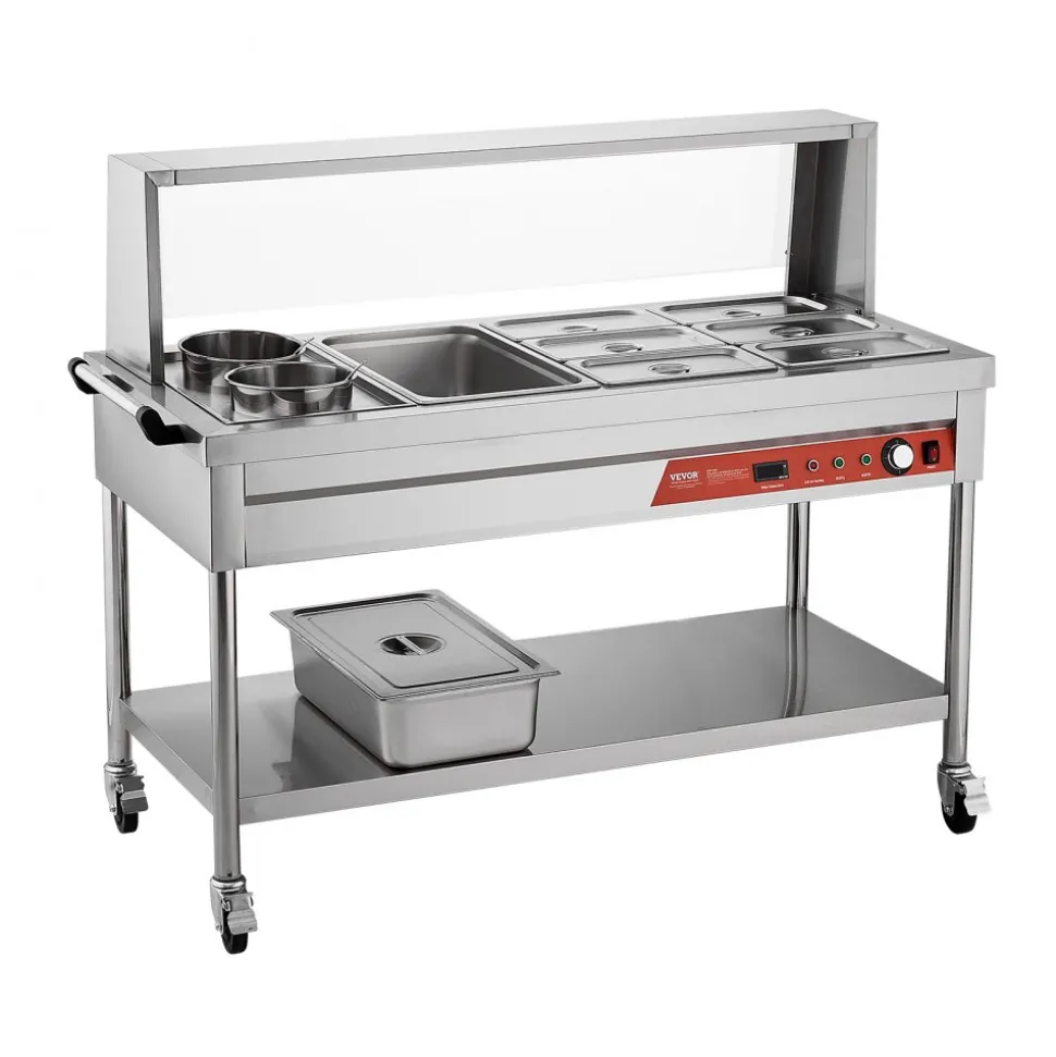 VEVOR Commercial Food Warmer, 7 Pans + 2 Pots Electric Steam Table, 1800W Professional Buffet Catering Food Warmer with Shield Undershelf Wheels, Stainless Steel Server for Party Restaurant Hotel