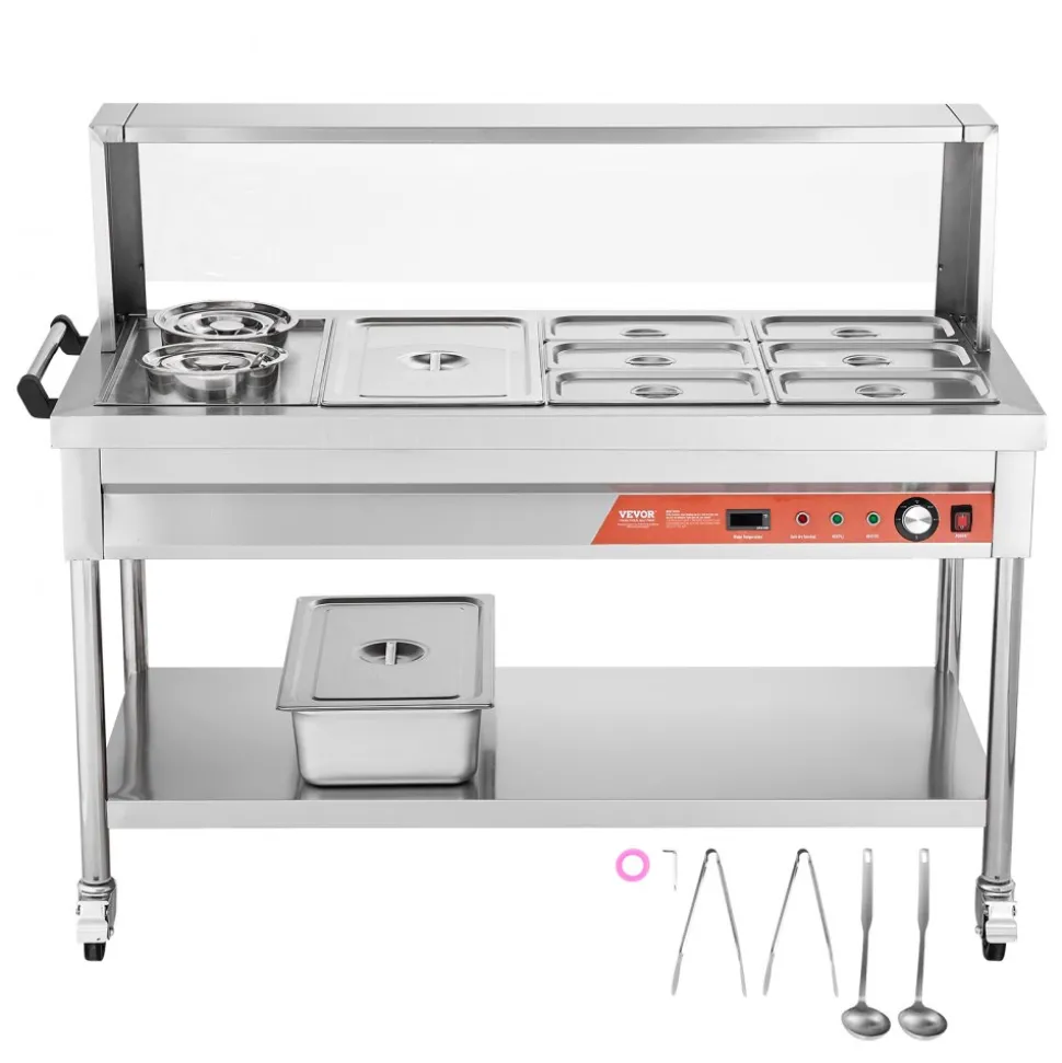 VEVOR Commercial Food Warmer, 7 Pans + 2 Pots Electric Steam Table, 1800W Professional Buffet Catering Food Warmer with Shield Undershelf Wheels, Stainless Steel Server for Party Restaurant Hotel