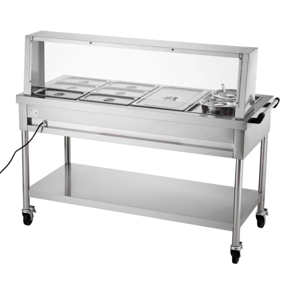 VEVOR Commercial Food Warmer, 7 Pans + 2 Pots Electric Steam Table, 1800W Professional Buffet Catering Food Warmer with Shield Undershelf Wheels, Stainless Steel Server for Party Restaurant Hotel