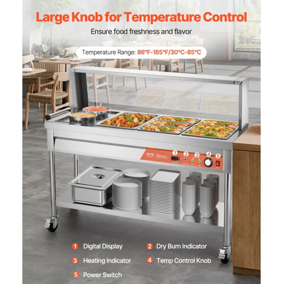 VEVOR Commercial Food Warmer, 7 Pans + 2 Pots Electric Steam Table, 1800W Professional Buffet Catering Food Warmer with Shield Undershelf Wheels, Stainless Steel Server for Party Restaurant Hotel