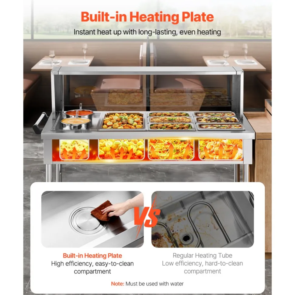VEVOR Commercial Food Warmer, 7 Pans + 2 Pots Electric Steam Table, 1800W Professional Buffet Catering Food Warmer with Shield Undershelf Wheels, Stainless Steel Server for Party Restaurant Hotel